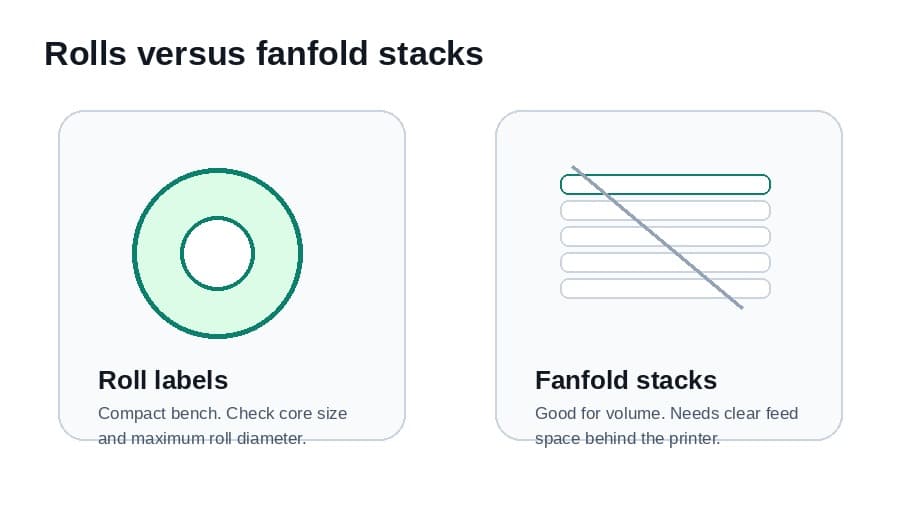 Side-by-side guide to roll labels and fanfold stacks for 4x6 direct thermal shipping labels