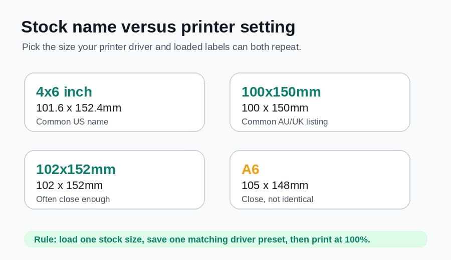 Comparison of 4x6 inch, 100x150mm, 102x152mm and A6 label stock names for printer settings