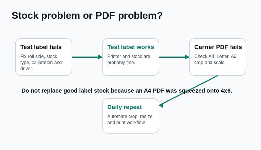 Decision flow showing whether a 4x6 label issue comes from direct thermal stock, printer settings or the source PDF