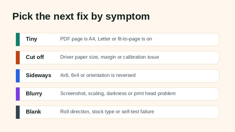 Symptom map for 4x6 label test print problems including tiny, cut-off, sideways, blurry and blank output