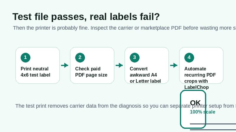 Workflow showing a neutral 4x6 test label passing before checking real carrier PDFs and automating recurring awkward labels