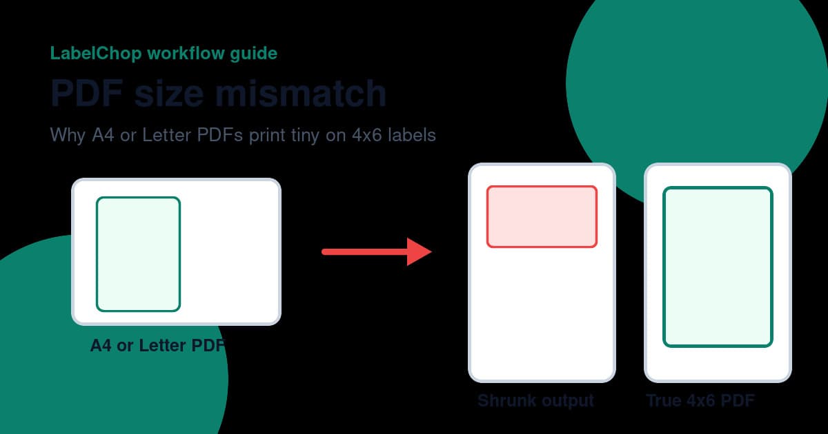 Diagram comparing an A4 shipping label PDF being shrunk versus a true 4x6 PDF printing at actual size
