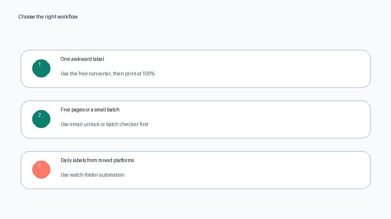 Decision map for choosing the free converter, batch checks or LabelChop automation for shipping-label PDFs