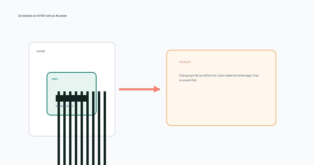 Diagram showing why changing an A4 shipping-label PDF to an A6 printer preset is the wrong fix before cropping or conversion