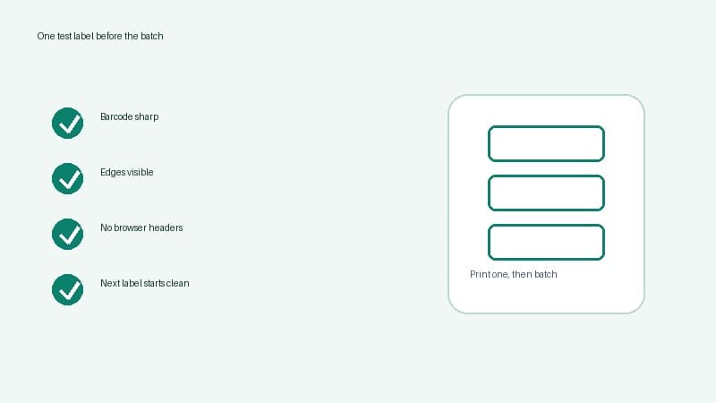 Batch-printing checklist for Royal Mail Click and Drop labels showing barcode, edges, browser headers and next-label feed checks