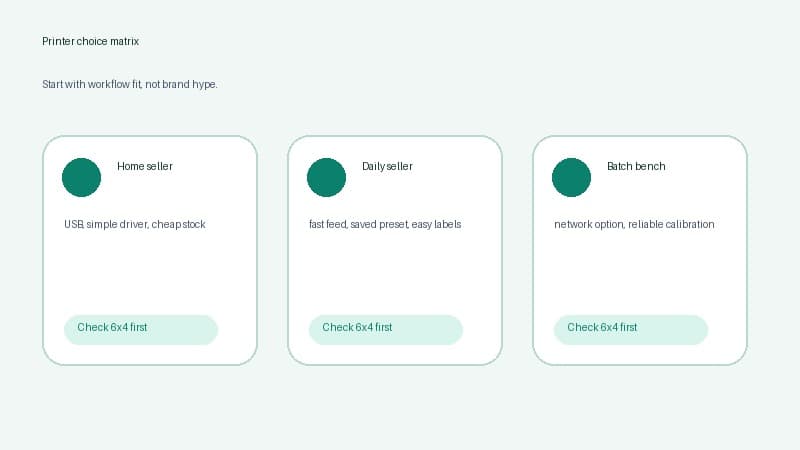 Decision matrix for Royal Mail Click and Drop label printer choices across home sellers, daily sellers and batch benches