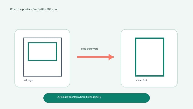Diagram showing an A4 Royal Mail label PDF being cropped or converted into clean 6x4 thermal-printer output