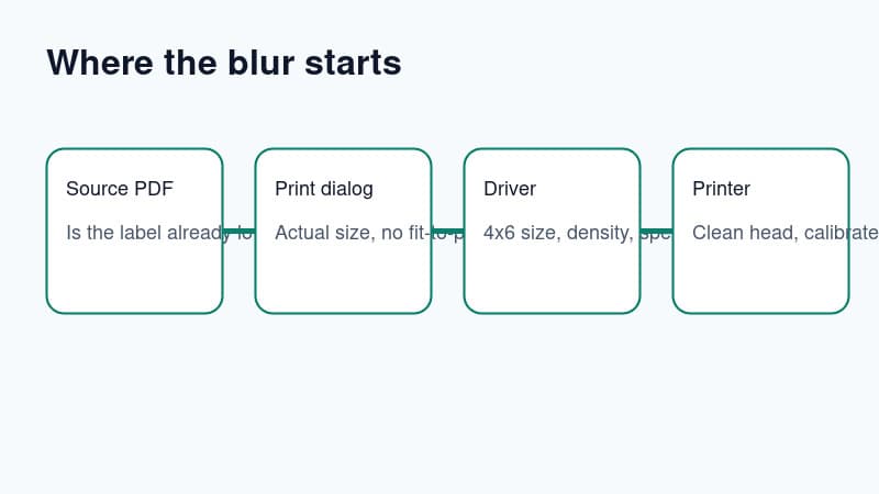 Diagnostic flow showing how blurry barcode problems can start at the source PDF, print dialog, printer driver or thermal printer hardware