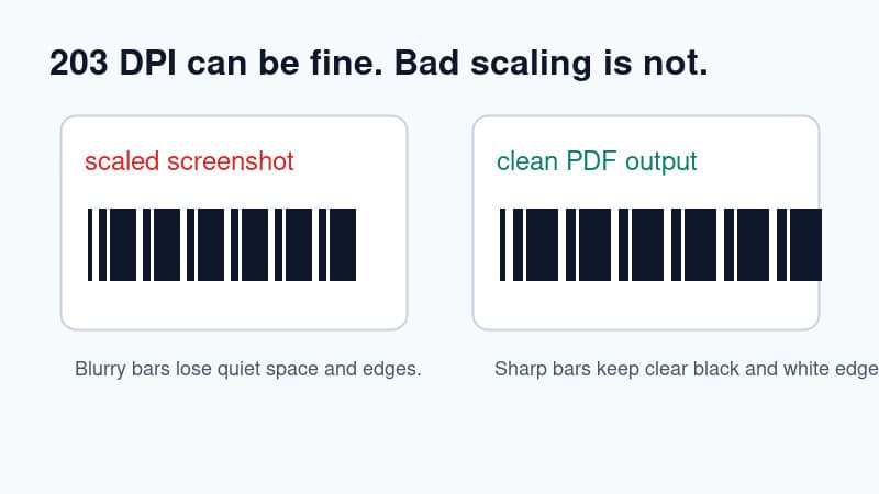 Comparison diagram showing a scaled screenshot barcode with soft edges beside a clean PDF barcode printed at 100 percent