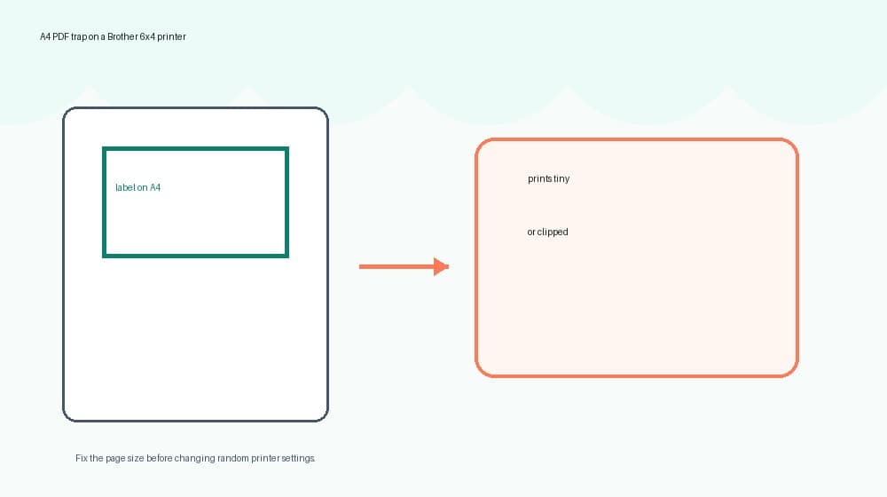 Diagram showing a Click and Drop A4 PDF being shrunk on a Brother label printer compared with a cropped 6x4 output