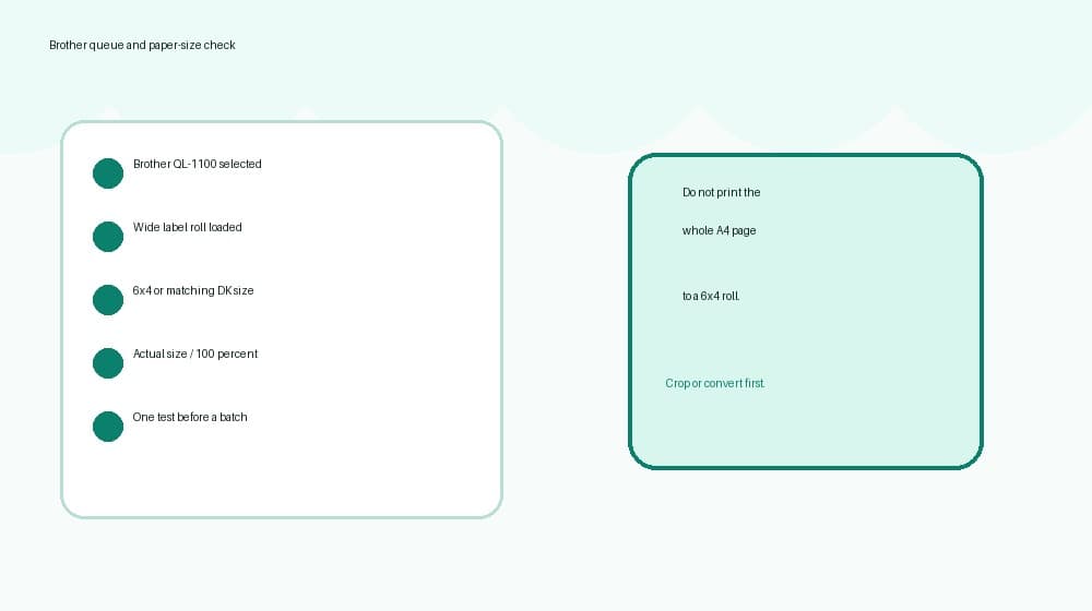 Brother QL paper-size checklist showing selected printer queue, wide label roll and 100 percent scale