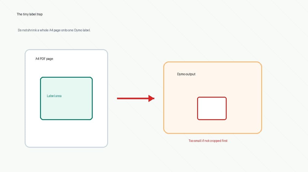 Diagram showing a Royal Mail A4 PDF shrinking on a Dymo 4XL compared with a cropped 6x4 PDF printed at actual size