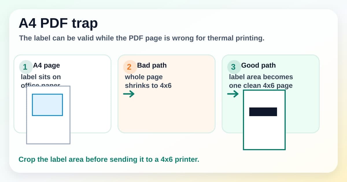 Diagram comparing an eBay A4 or Letter label PDF with a correct cropped 4x6 thermal printer output