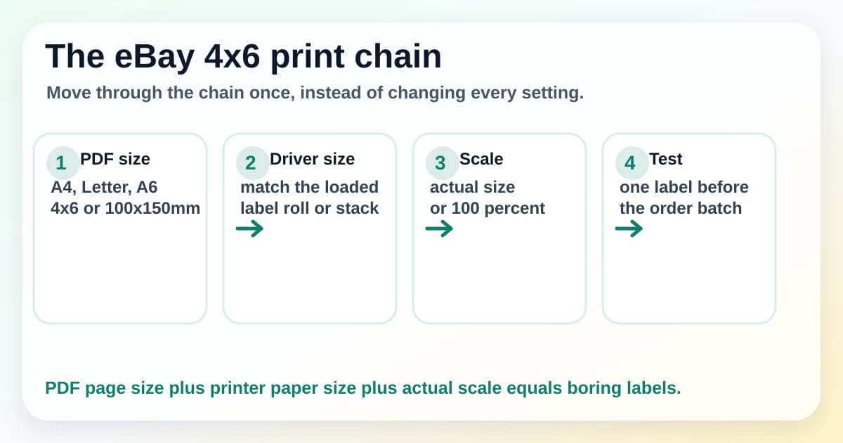 Checklist showing the eBay label print chain from PDF page size to 4x6 paper size and actual-size scale