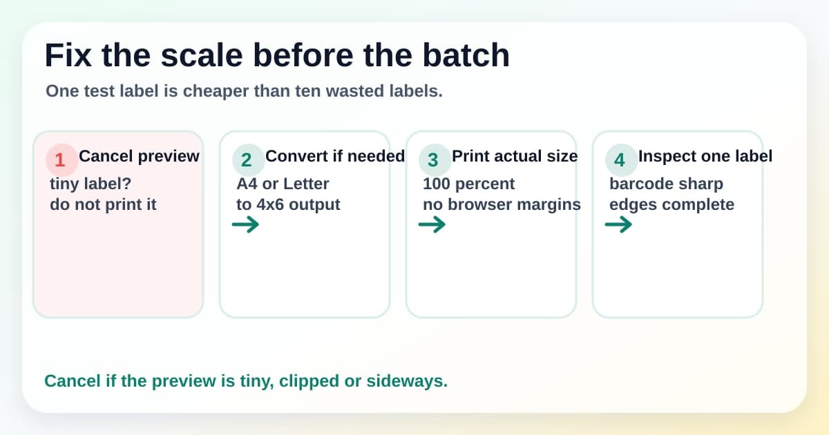 eBay A4 PDF workflow showing the wrong shrink-to-fit path and the correct crop-to-4x6 path
