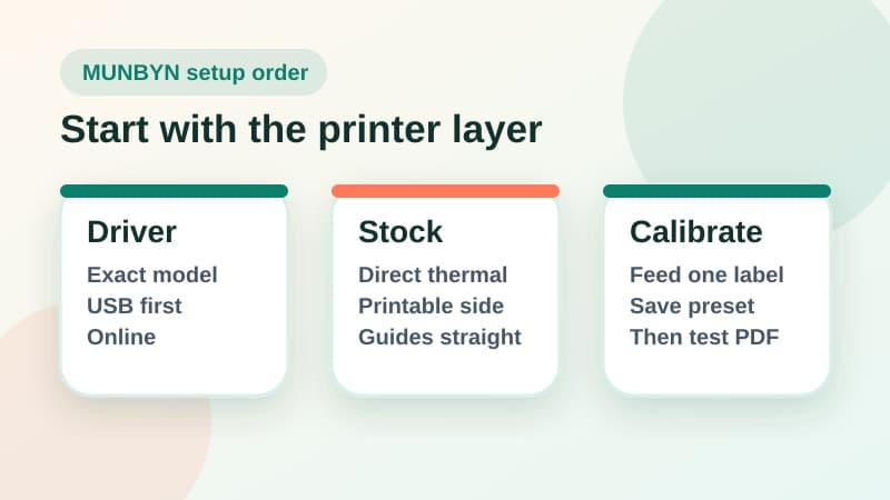 MUNBYN USPS setup checklist showing driver install, USB test, 4x6 paper size, direct thermal stock and calibration before printing postage