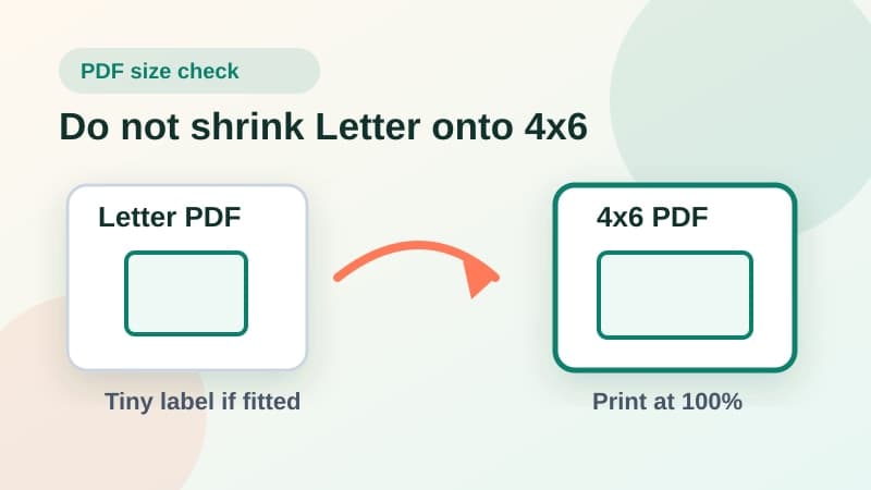 Diagram showing a Letter-size USPS PDF shrinking on a MUNBYN printer versus a cropped 4x6 PDF printing at 100 percent