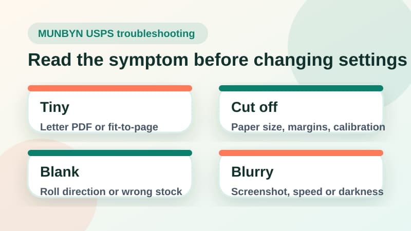 MUNBYN USPS troubleshooting checklist for tiny labels, cut off edges, sideways output, blank labels and blurry barcodes