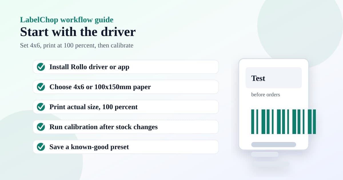 Checklist for Rollo shipping label printer setup with driver, 4x6 paper size, 100 percent scaling and calibration checks