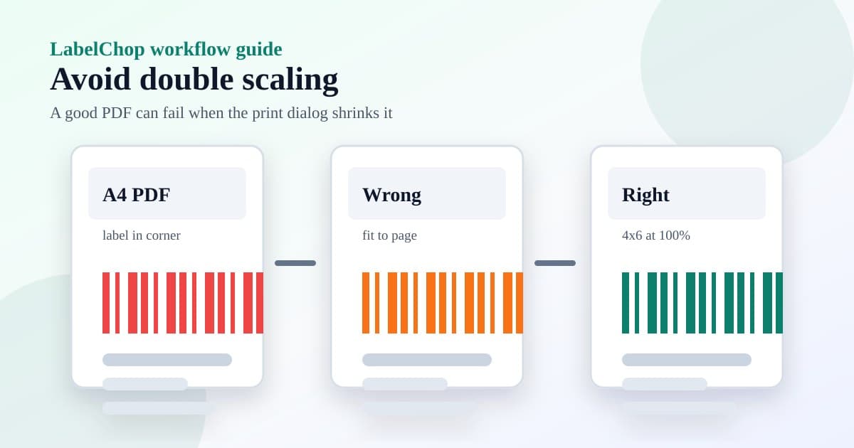 Diagram showing how A4 PDFs, fit-to-page scaling and correct 4x6 actual-size output affect a Rollo label print