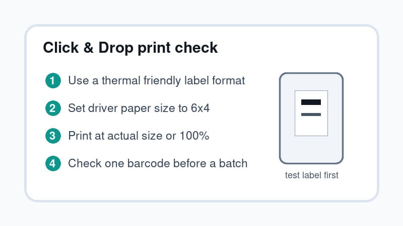 Royal Mail Click & Drop workflow checklist for 6x4 thermal labels, actual size and driver paper size