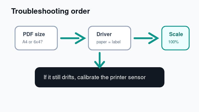 Troubleshooting flow for Royal Mail labels that print too small, cut off or drift on a thermal printer