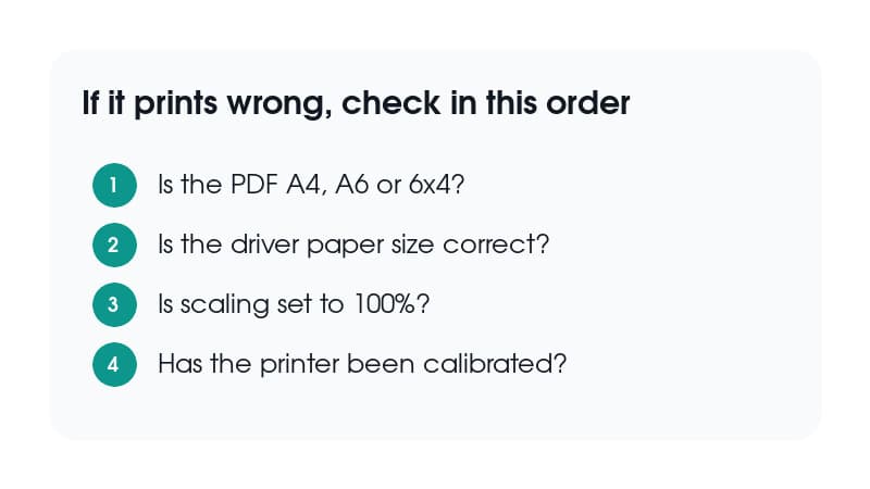 Troubleshooting checklist for Royal Mail labels printing too small, cut off, sideways or drifting on a thermal printer