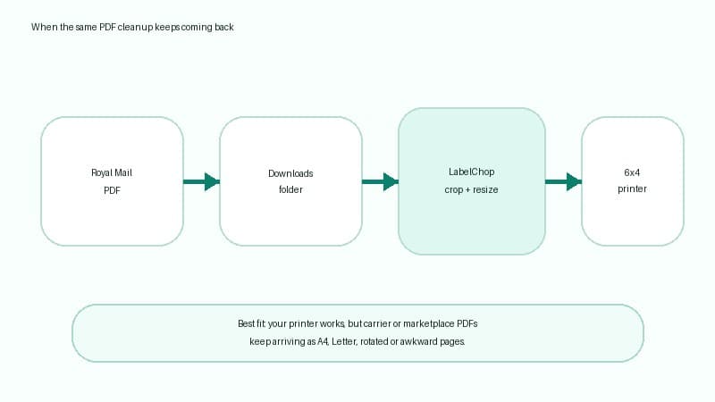Workflow showing Royal Mail PDFs moving through a Downloads folder, LabelChop crop and resize automation, and a 6x4 thermal printer