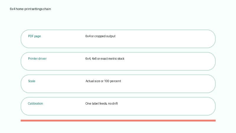 Royal Mail home printing settings chain showing PDF page size, driver paper size, actual-size scale and printer calibration