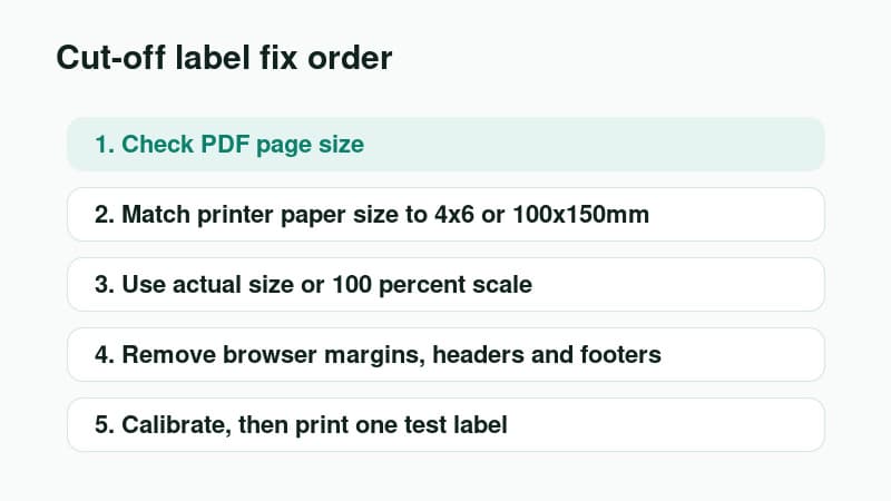 Checklist showing the order for fixing cut-off shipping labels: PDF size, paper size, scale, margins and calibration