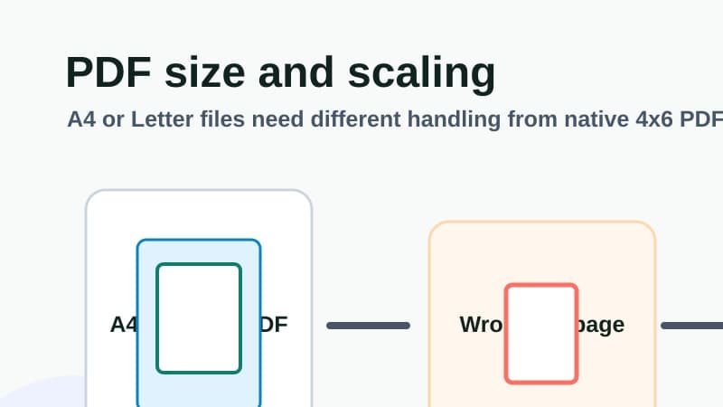 Diagram comparing an A4 or Letter shipping-label PDF, fit-to-page shrinking and correct cropped 4x6 label output