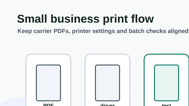 Workflow diagram showing carrier and marketplace PDFs moving through driver settings, test printing and small business batch fulfilment