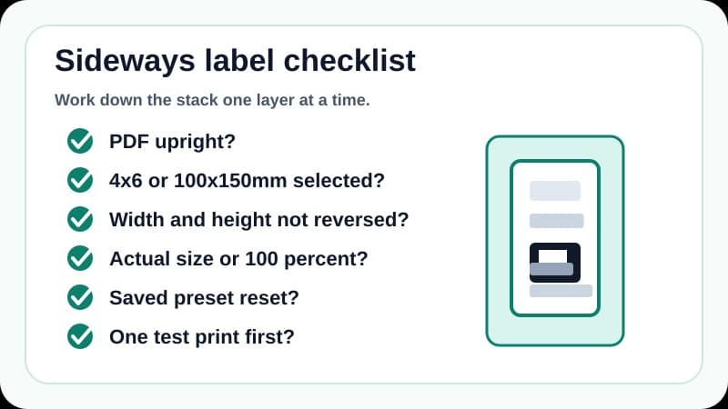 Checklist for fixing a sideways shipping label: PDF rotation, 4x6 paper size, orientation, presets and one test print