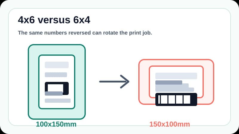 Comparison of 100x150mm and 150x100mm settings showing why reversed dimensions make a shipping label print sideways