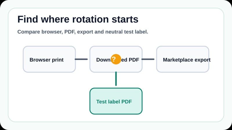 Flowchart comparing browser printing, downloaded PDFs, marketplace exports and a neutral test label for sideways thermal labels