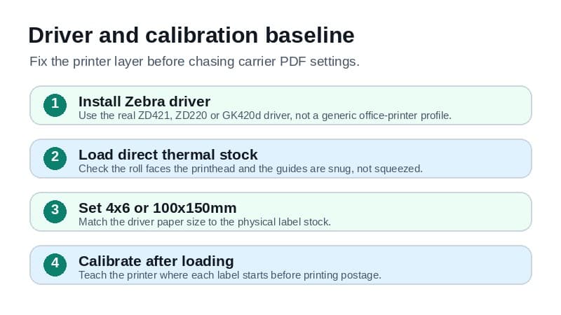 Zebra USPS driver and calibration checklist showing driver install, direct thermal stock, 4x6 paper size and calibration before printing postage
