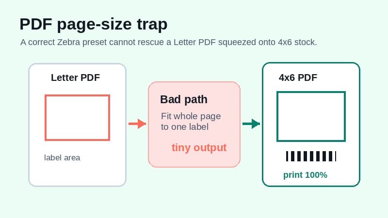 Diagram showing a Letter-size USPS PDF shrinking on a Zebra printer versus a cropped 4x6 PDF printing at 100 percent