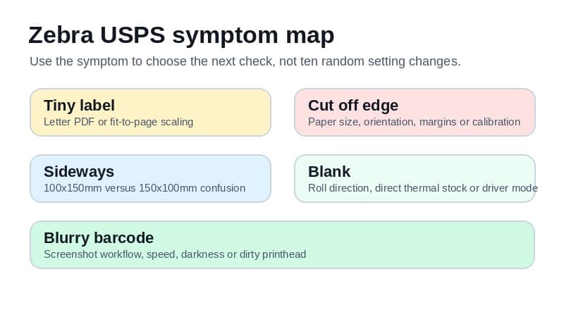 Zebra USPS troubleshooting checklist for tiny labels, cut off edges, sideways output, blank labels and blurry barcodes