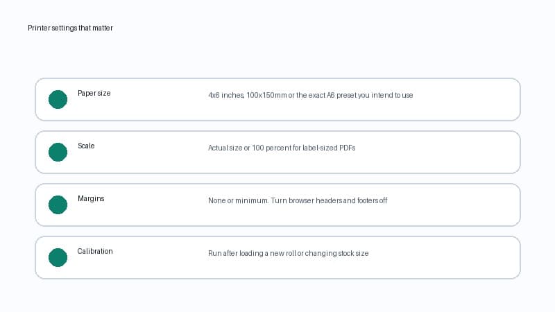 Checklist showing paper size, scale, margins and calibration settings for Australia Post thermal label printing