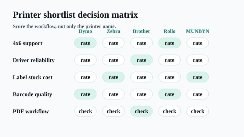 Decision matrix for comparing Dymo, Zebra, Brother, Rollo and MUNBYN shipping label printers by 4x6 support, drivers, stock cost and PDF workflow