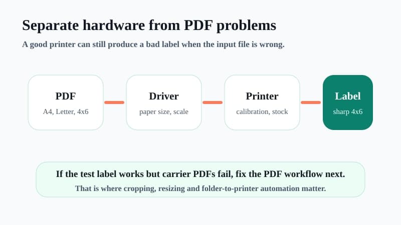 Workflow diagram separating shipping label PDF problems from printer driver and hardware problems