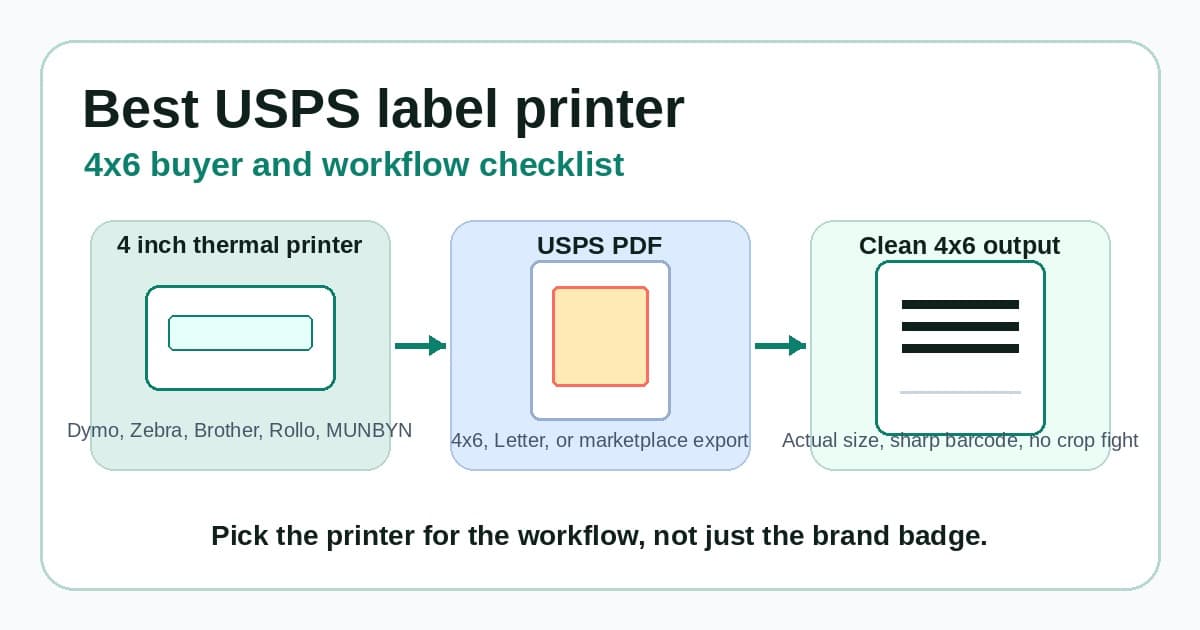 Best USPS label printer workflow checklist showing a thermal printer, USPS PDF and clean 4x6 output