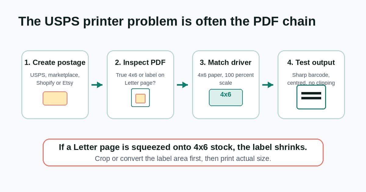 Workflow diagram showing USPS postage, PDF page-size inspection, 4x6 driver settings and final thermal-label output
