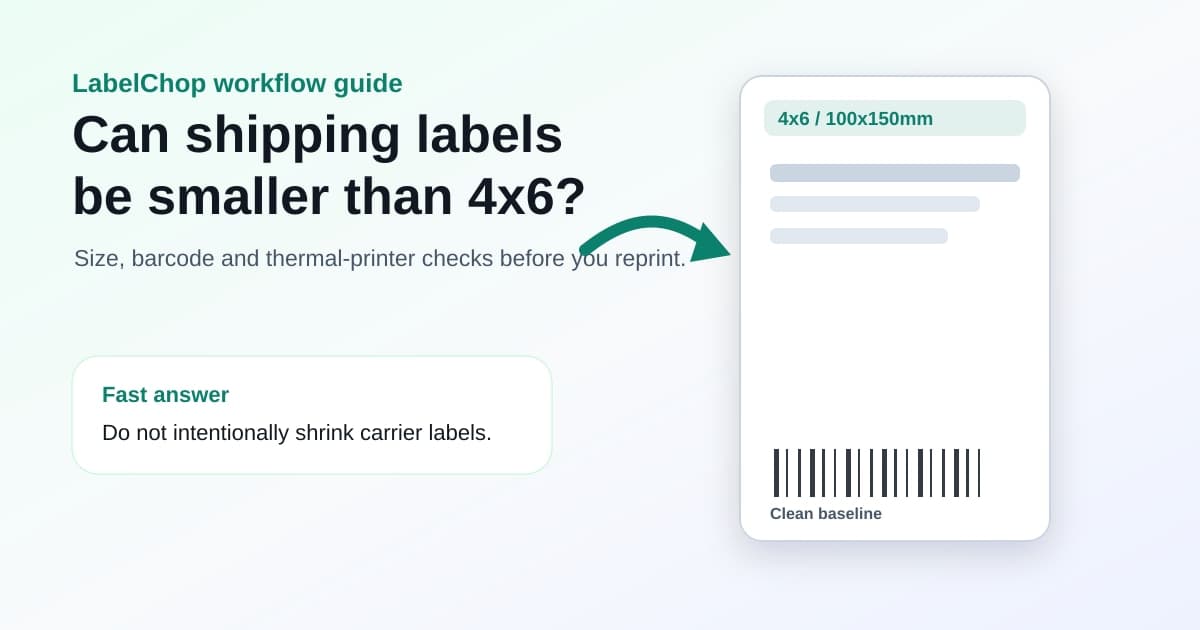 Guide graphic showing a 4x6 shipping label size check before reprinting a smaller label