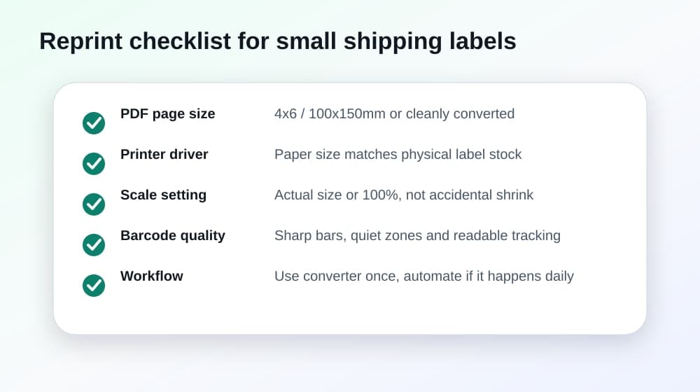 Reprint checklist for small shipping labels covering PDF size, printer driver, scale and barcode quality