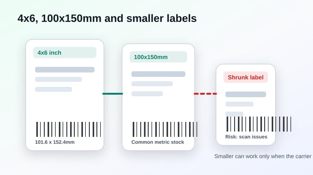 Comparison of 4x6, 100x150mm and accidentally shrunken shipping labels