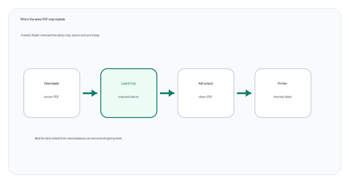 Watch-folder automation diagram showing downloaded carrier and marketplace PDFs moving through LabelChop into clean 4x6 output