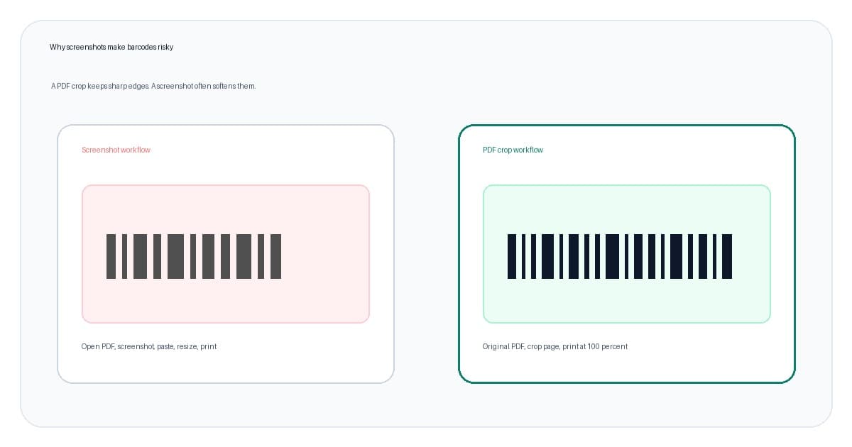 Comparison showing screenshot barcode risk beside a clean PDF crop workflow for 4x6 shipping-label output