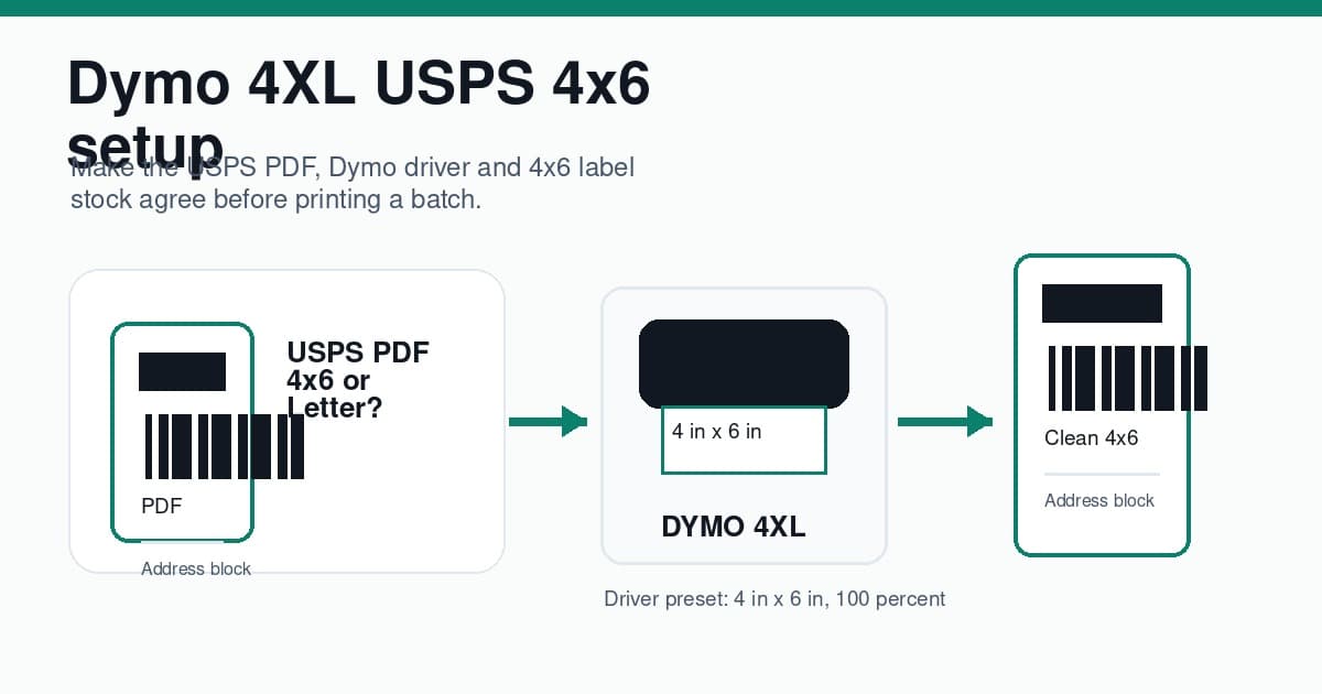 Dymo 4XL USPS 4x6 setup diagram showing a USPS PDF, Dymo driver preset and clean thermal-label output
