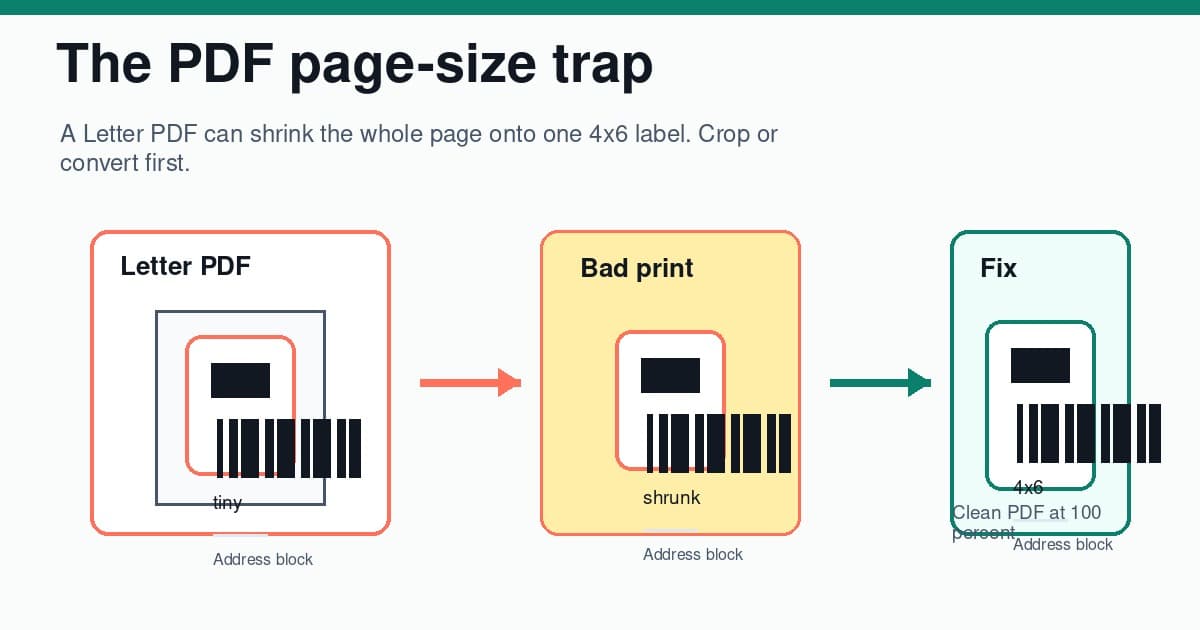Diagram showing a Letter-size USPS PDF shrinking on a Dymo 4XL versus a cropped 4x6 PDF printing at 100 percent